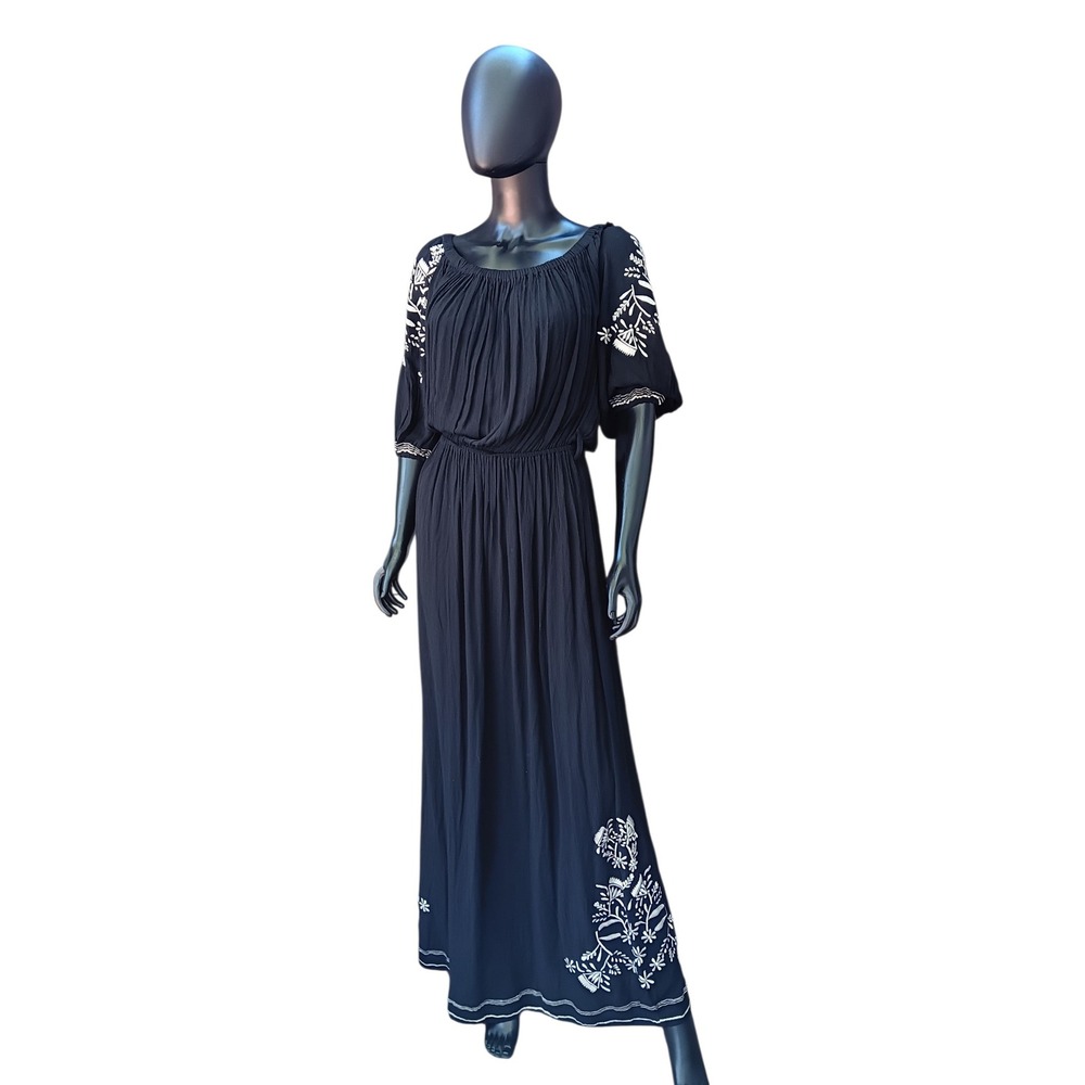 Tularosa Black Embroidered Off Shoulder Elastic Waist Maxi Dress XS